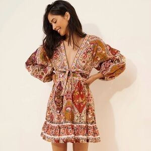NWT FARM Rio Romantic Nature Mini Dress M 100% Cotton V-Neck Boho Tassel